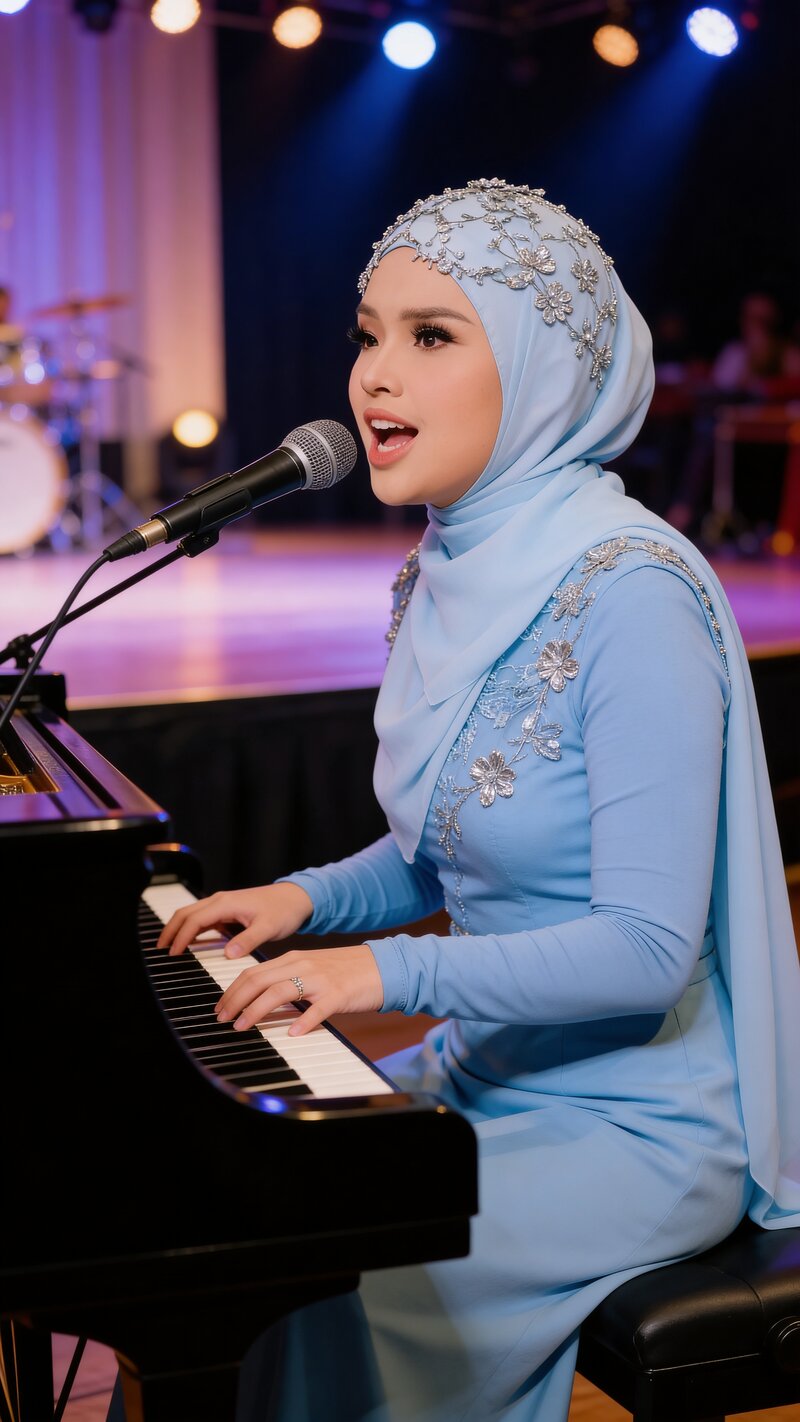 Putri Ariani at the piano — portrait with stage lights